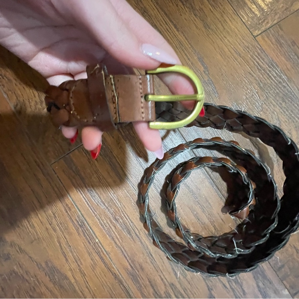 Braided Brown Leather Belt with Gold Buckle